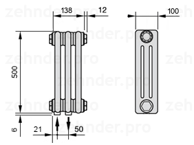 Схема (чертеж) Радиатор Zehnder Charleston 3050/3 №3370 Белый глянцевый RAL 9016